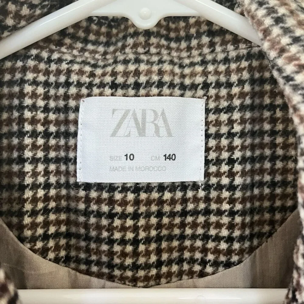 Zara Girls Two Tone Wool Blend Plaid Tweed Coat Brown Black Size 10